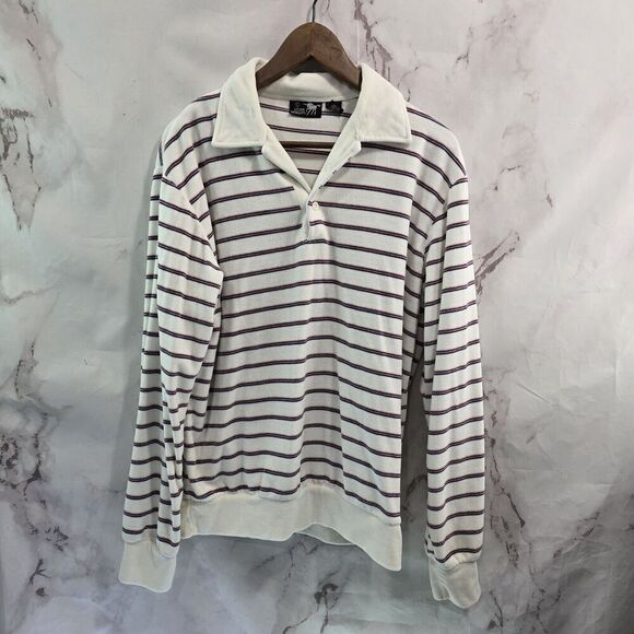 Vintage Sweatshirt Mens Large White Striped Velour 70s 80s Rugby Polo Pullover - Picture 1 of 11